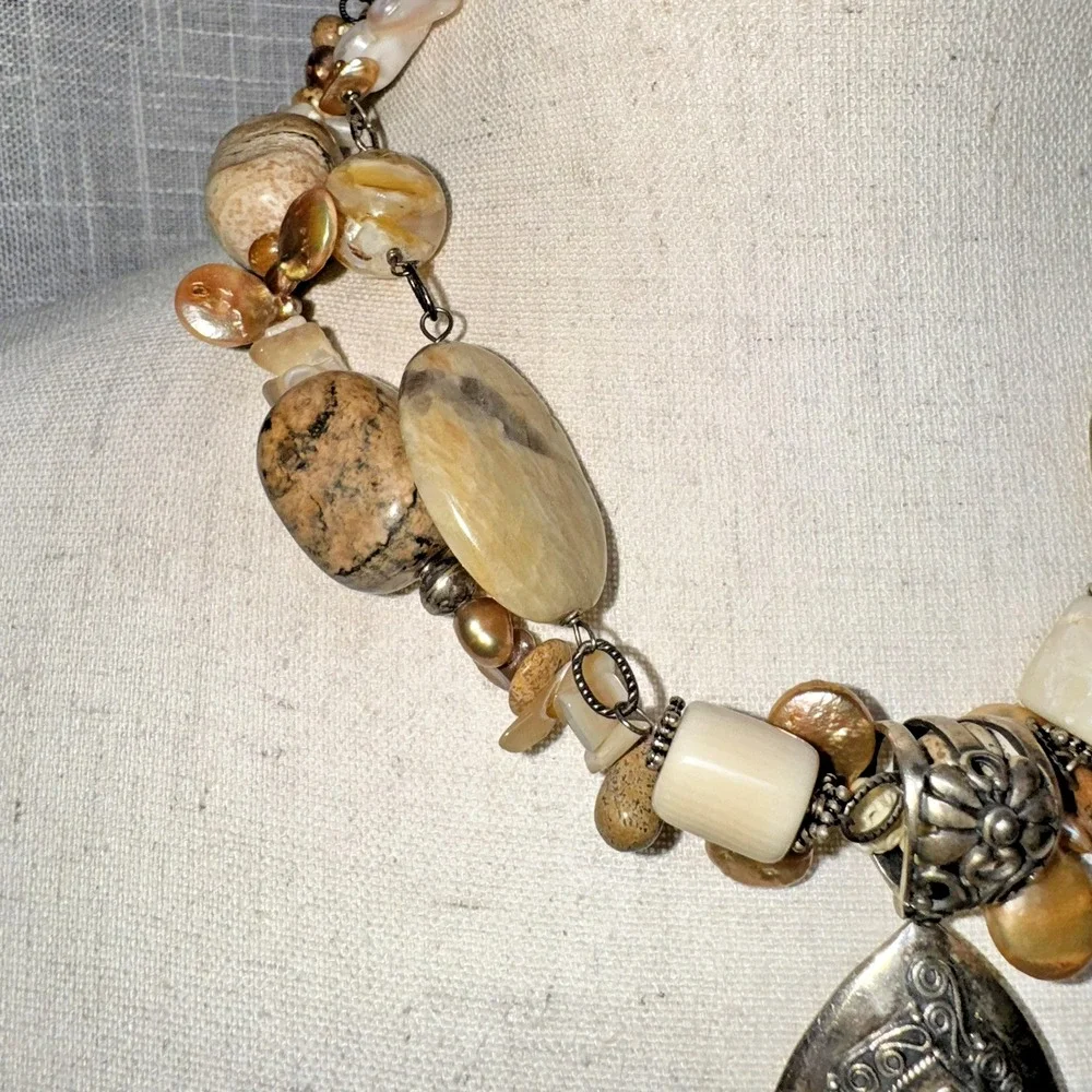 Vintage Sterling Silver Mother of Pearl Jasper‎ Necklace Womens OS Tan Bohemian